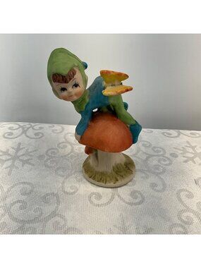 Pixie Elf Figurine On Mushroom 5.5" Hand-Painted Collectible Home Decor